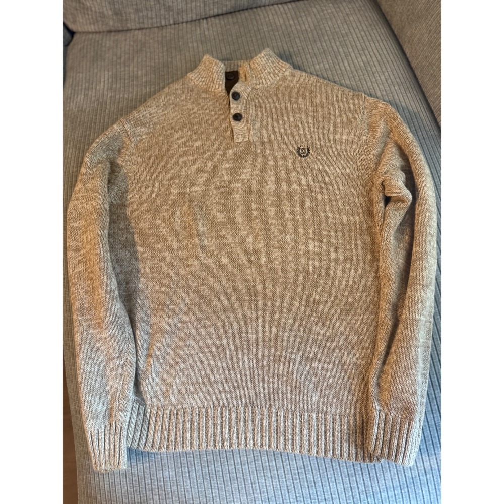 Chaps Mens Beige Marl Mock Neck Button Sweater with Elbow Patches